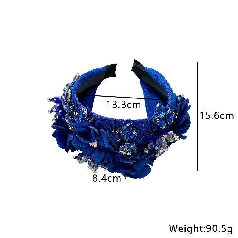 Solid color fabric flower oversized wide edged crystal headband