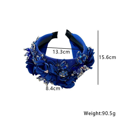 Solid color fabric flower oversized wide edged crystal headband