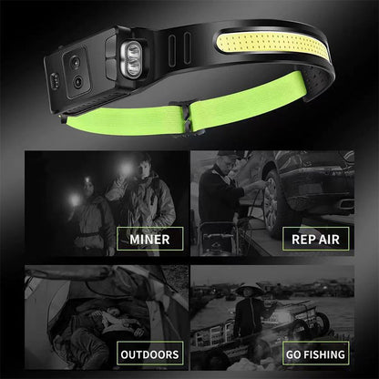 New USB Mini Multi-Function Waving Sensor Headlamp Dual Light Source Floodlight Headlamp Red Light Warning Light