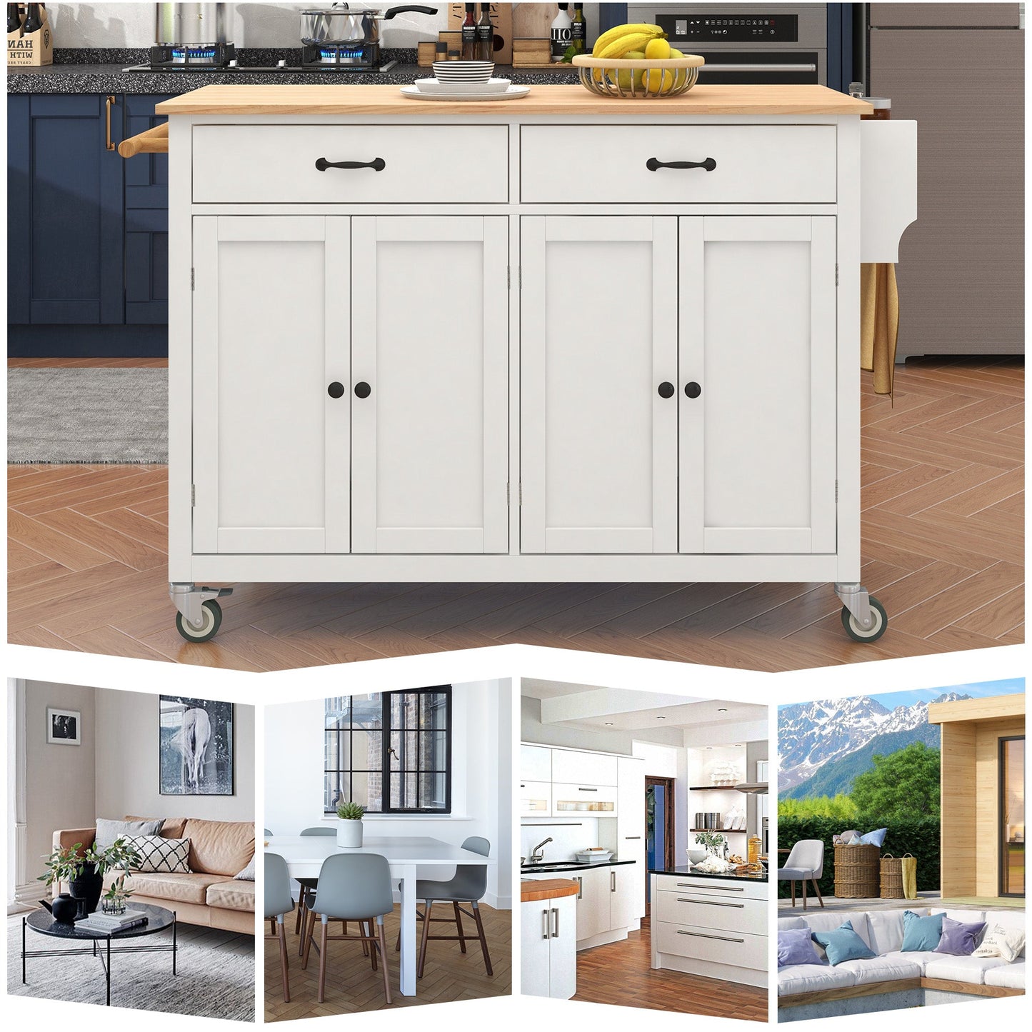 Kitchen Island Cart with Solid Wood Top and Locking Wheels 54.3 Inch Width  (White)
