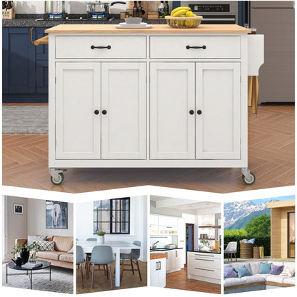 Kitchen Island Cart with Solid Wood Top and Locking Wheels 54.3 Inch Width  (White)
