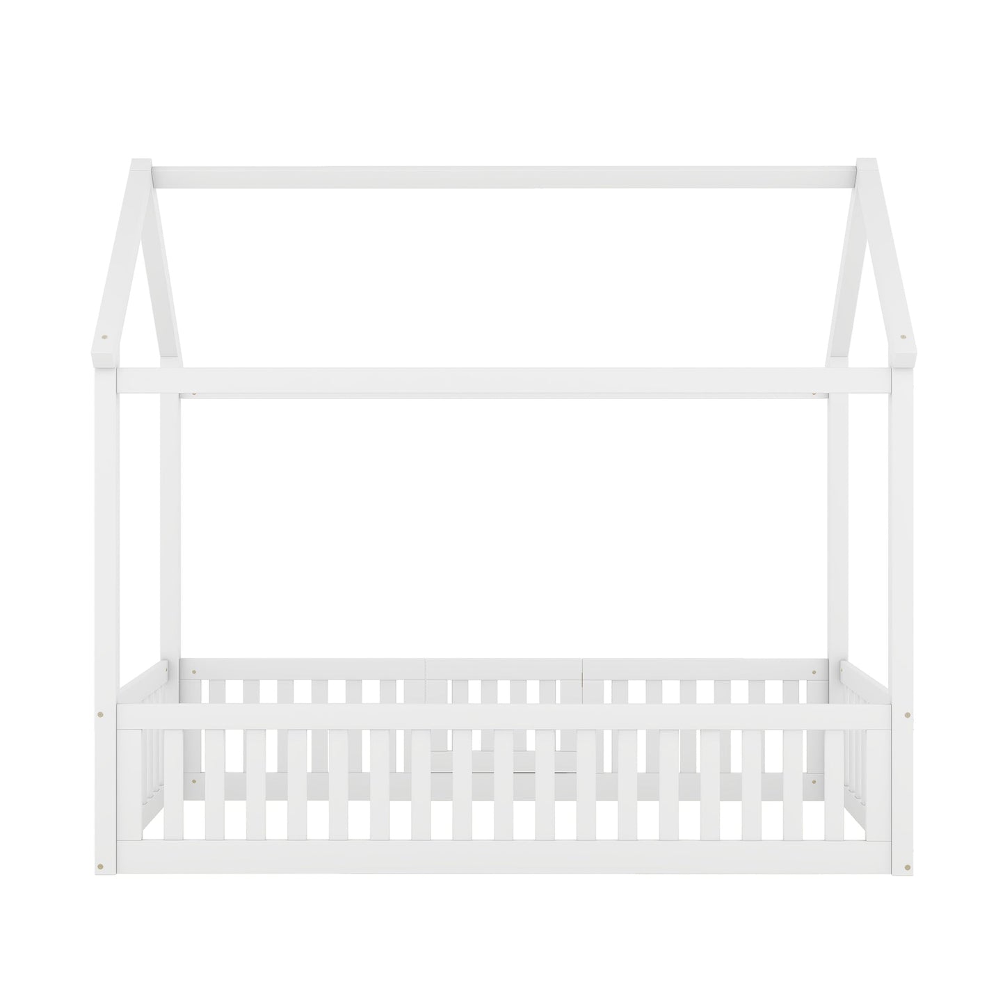 Twin Size Wood House Bed with Fence and Door, White