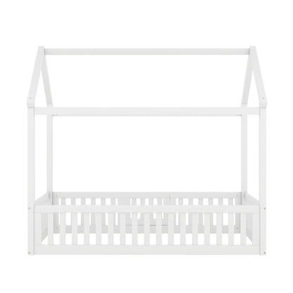 Twin Size Wood House Bed with Fence and Door, White