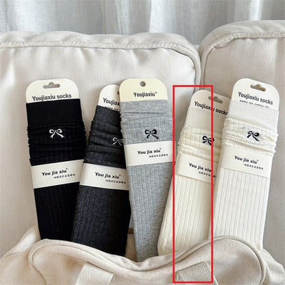Solid Color Bow Embroidery Mid-calf Length Loose Socks