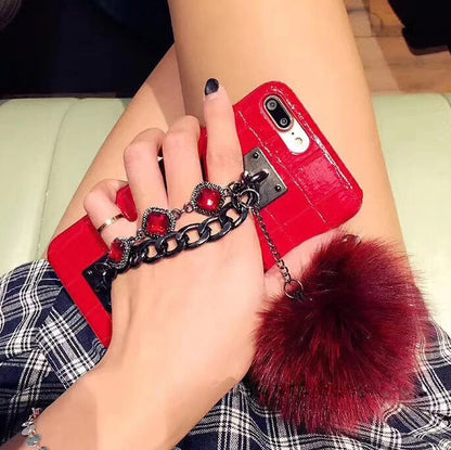 Mobile Phone Case with Fox Fur Ball Studded Anti-Fall Protection