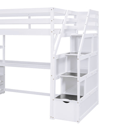 Twin Size Loft Bed with Desk and Shelves  Two Built-in Drawers  Storage Staircase White
