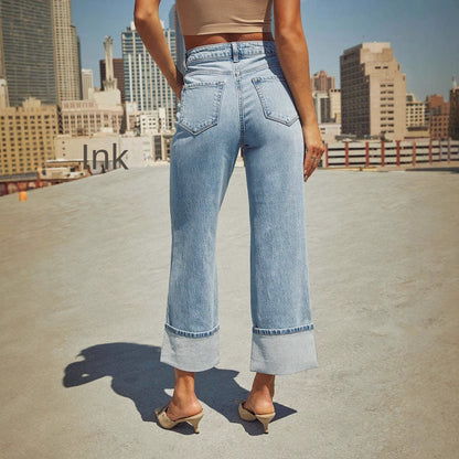 Straight leg jeans women's retro rolled edge high waisted pants