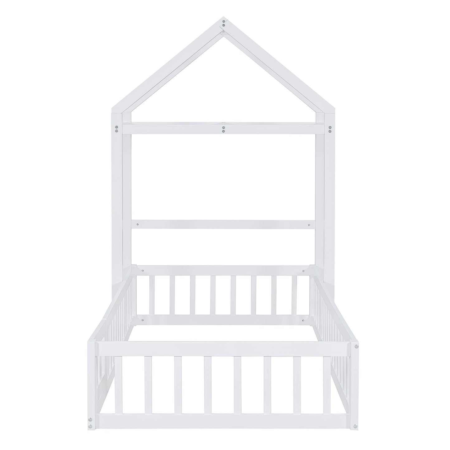 Wooden Twin Size Children's Bed with Detachable Headboard and Integrated Clothes Drying Rack, White