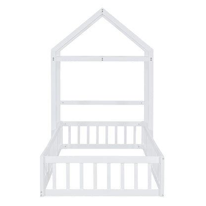 Wooden Twin Size Children's Bed with Detachable Headboard and Integrated Clothes Drying Rack, White