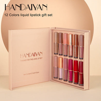 HANDAIYAN 12 Color Lip Gloss Set Liquid Lipstick Set Matte Pearlescent Non-Stick Cup Lip Gloss
