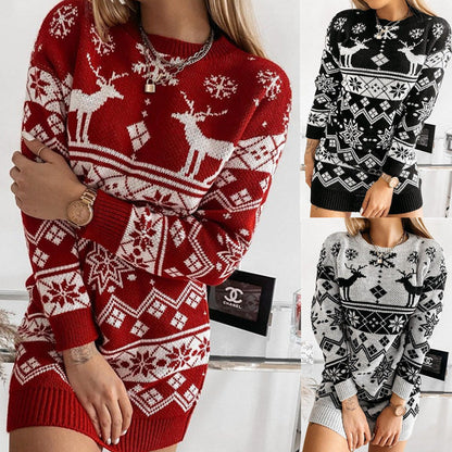 Elk Snowflake Knitted Dress, Long Sweater
