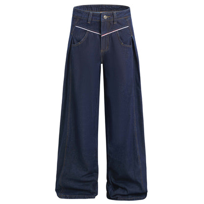 American High Street Design Denim Wide Leg Long Pants Men's Vibe Trendy Side Pleated Loose Casual Trousers