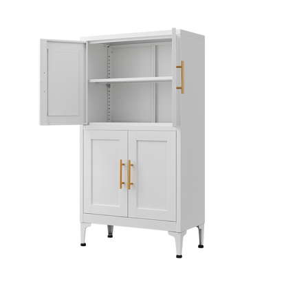 White metal kitchen storage cabinet, kitchen pantry storage cabinet with door and shelf, adjustable leveling feet