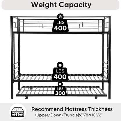Twin bunk bed frame with trailer, metal bunk bed with sturdy guardrail and side ladder, can be divided into two beds, black