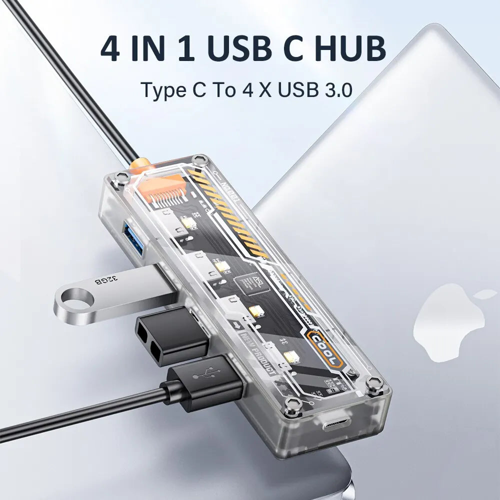 Type C HUB 4 in 1 USB C to USB 3.0 Transparent Punk Docking Station Splitter Adapter For MacBook Laptop iPhone Samsung