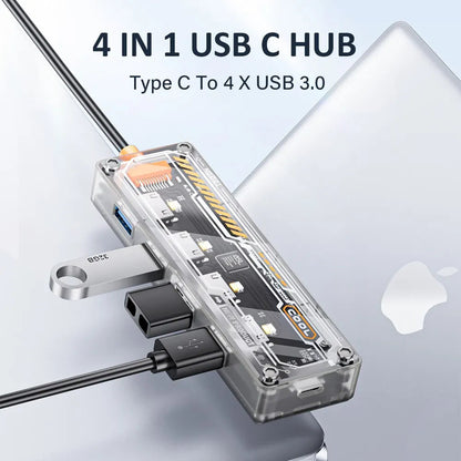 Type C HUB 4 in 1 USB C to USB 3.0 Transparent Punk Docking Station Splitter Adapter For MacBook Laptop iPhone Samsung