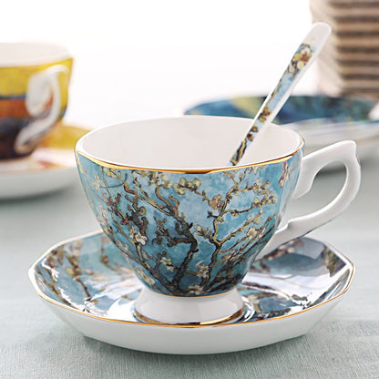 British Luxe Saucer and Spoon Afternoon Tea Cup with Van Gogh Oil Painting Design, Bone China Coffee Cup, Creative Souvenir Ceramic Mug