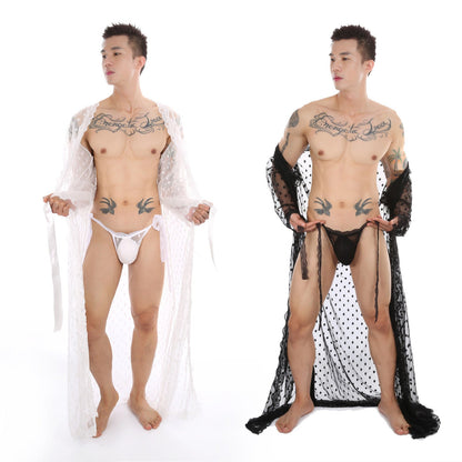 Men's Polka Dot Japanese Kimono Silky Lace Bathrobe