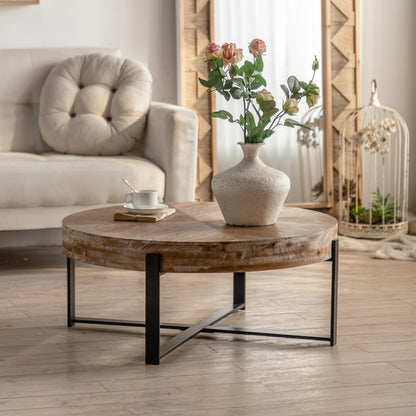 31.29"Modern Retro Splicing Round Coffee Table  Fir Wood Table Top with Cross Legs Metal Base(Same SKU:W757123560)