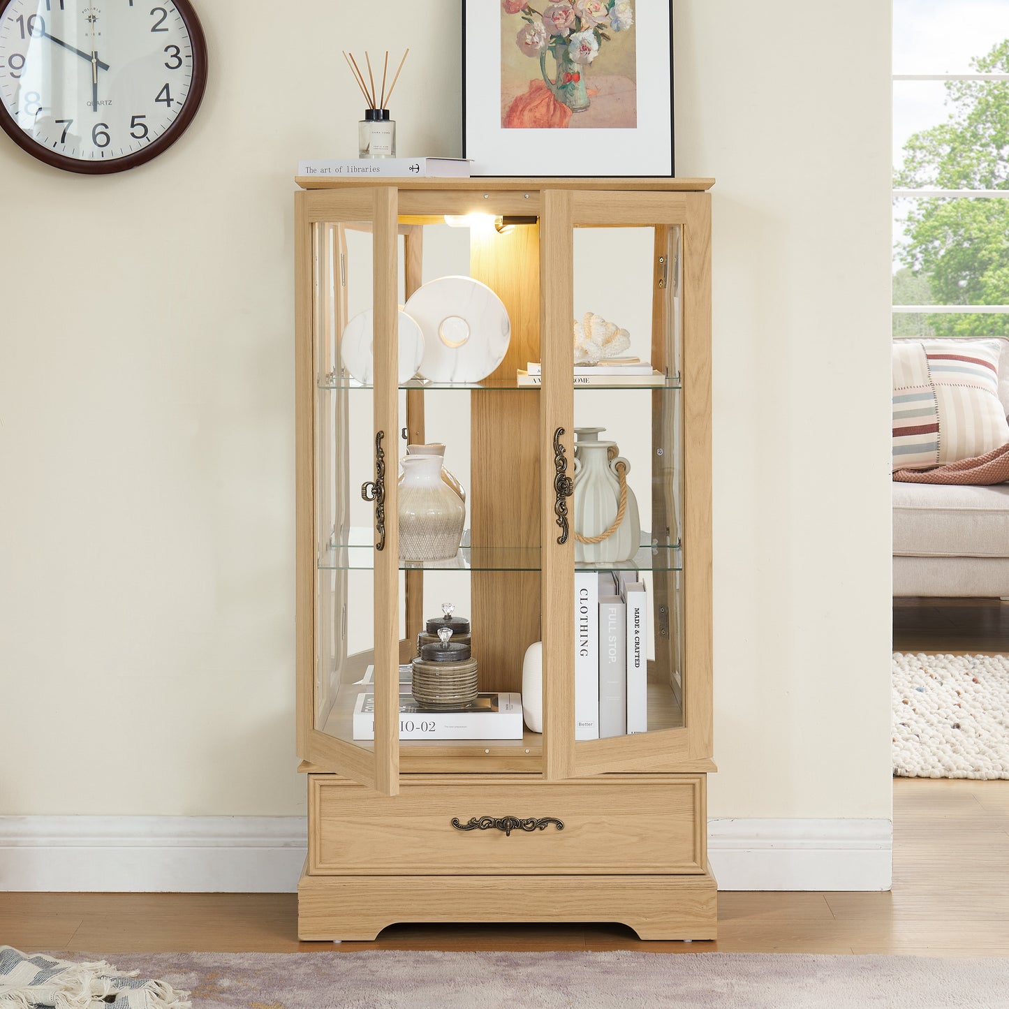 Light colored glass cabinet with adjustable glass frame, including cabinet light bulbs OAK with 2 doors and 1 drawer