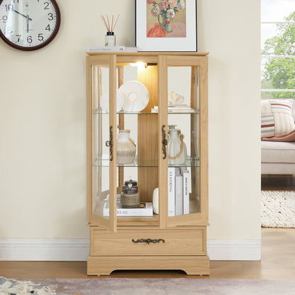 Light colored glass cabinet with adjustable glass frame, including cabinet light bulbs OAK with 2 doors and 1 drawer