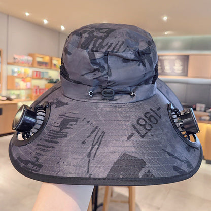 Solar powered fan large brim hat men's outdoor sunshade hat mountain climbing fisherman hat