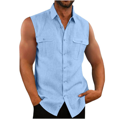 European American Men's Double Pocket Cotton Linen Shirt