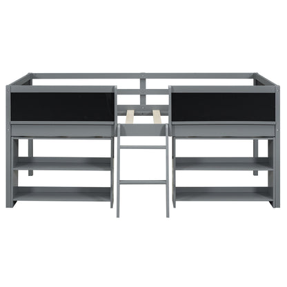 Twin Size Low Loft Bed with Two Movable Shelves and Ladder,with Decorative Guardrail Chalkboard,Gray