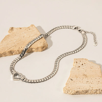 Stainless steel Cuban chain heart-shaped necklace with hollowed out flat snake chain heart pendant necklace for women