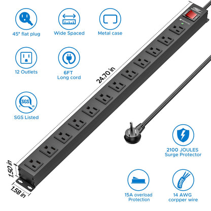 CRST 12-Outlet Metal Surge Protector Power Strip — Mountable, 2100J, 6FT/15FT Cord