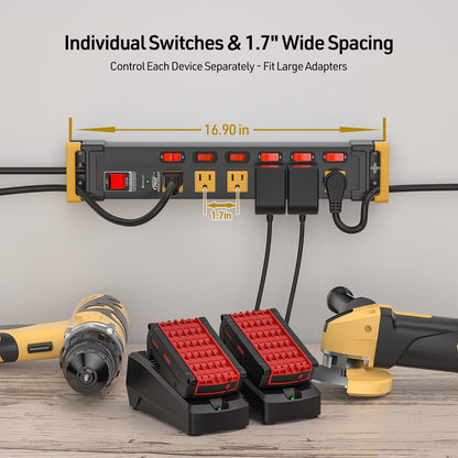 6-Outlet Metal Power Strip with Individual Switches + Dual-Pole Master Switch