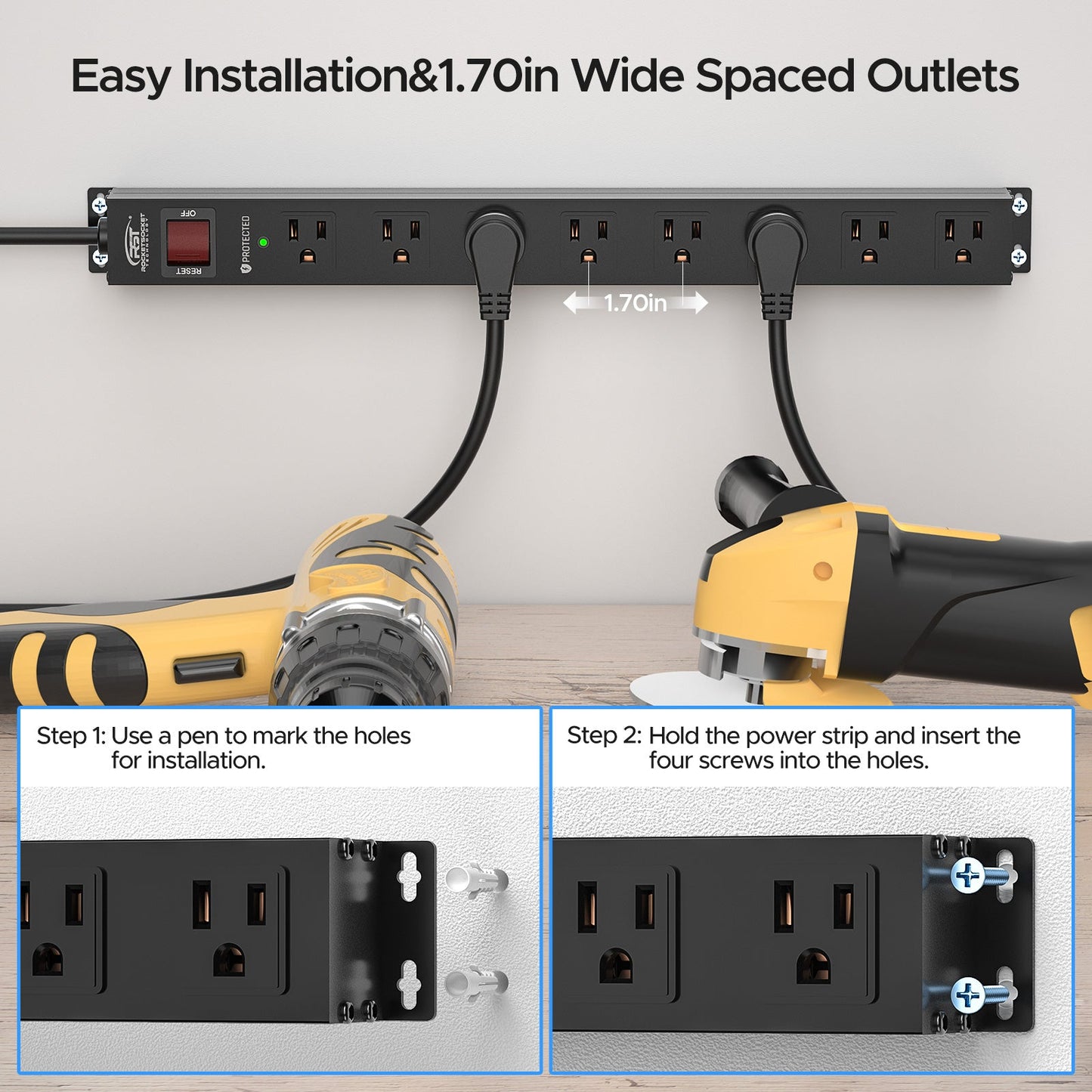 CRST 8 Outlets Mountable Metal Power Strip Surge Protector, 6FT Flat Plug, 2100 Joules, Wide Spaced