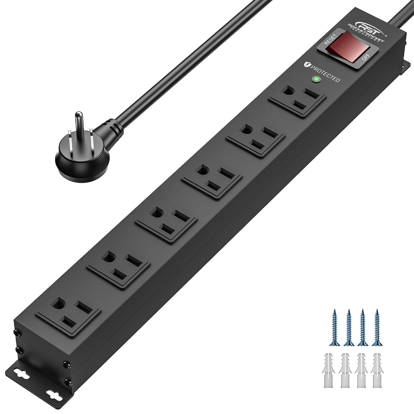 CRST 6 Outlets Wide Spaced Mountable Metal Power Strip Surge Protector, 2100 Joules Protection, Easy Mounting