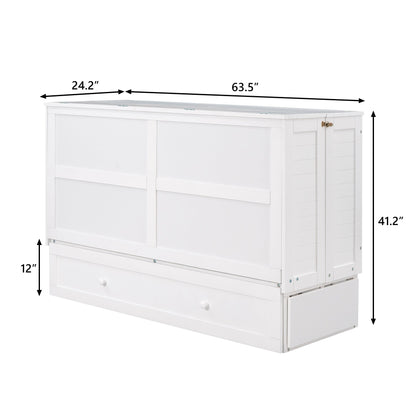 Queen Size Mobile Murphy Bed with Drawer and Little Shelves on Each Side White