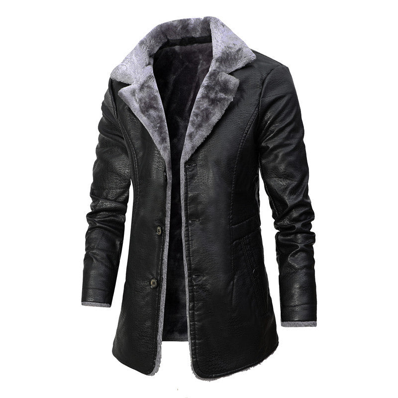 Plush Lapel Leather Jacket Winter Fleece Coat for Men