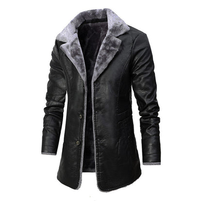 Plush Lapel Leather Jacket Winter Fleece Coat for Men
