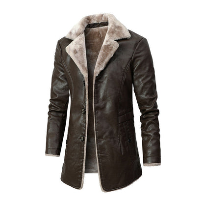 Plush Lapel Leather Jacket Winter Fleece Coat for Men