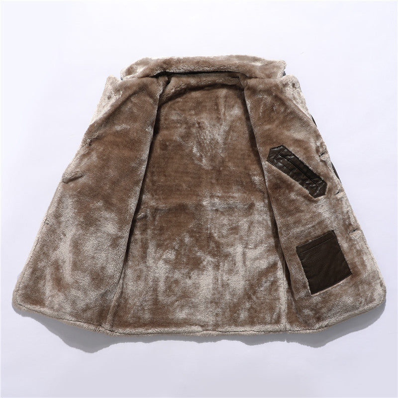 Plush Lapel Leather Jacket Winter Fleece Coat for Men