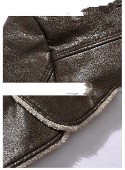 Plush Lapel Leather Jacket Winter Fleece Coat for Men