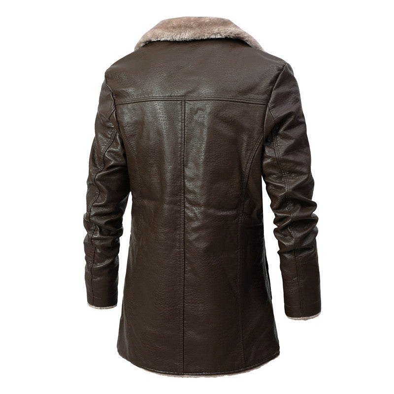 Plush Lapel Leather Jacket Winter Fleece Coat for Men