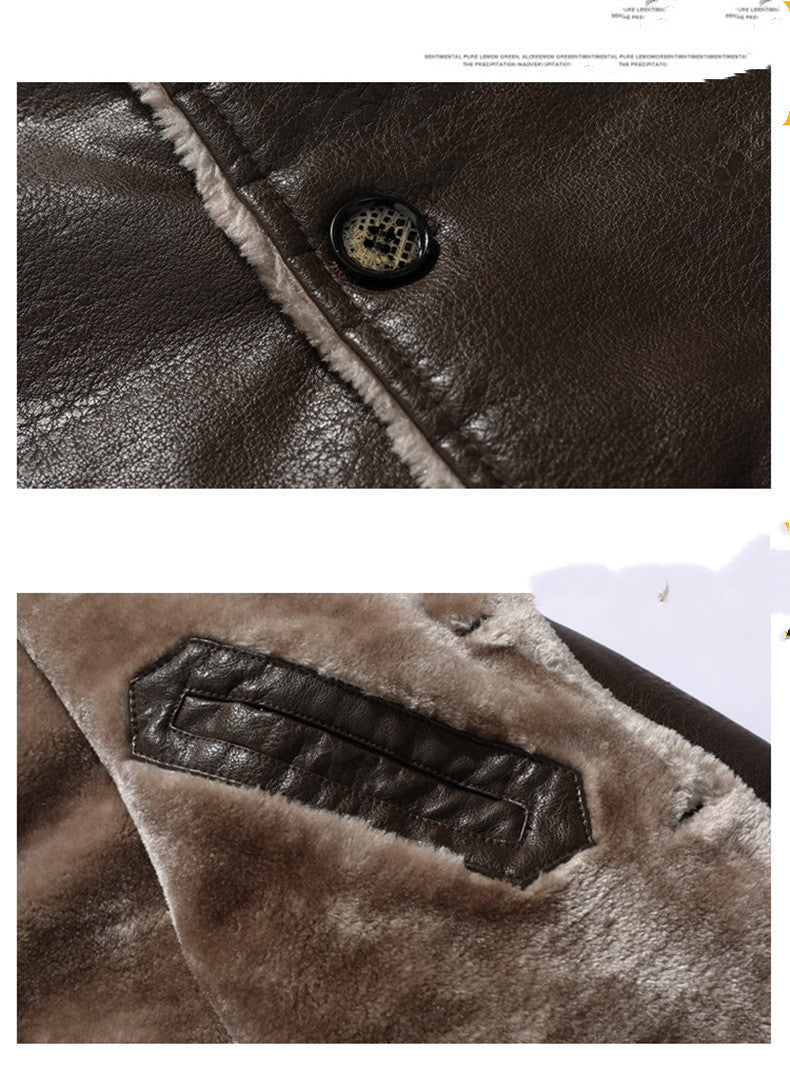 Plush Lapel Leather Jacket Winter Fleece Coat for Men
