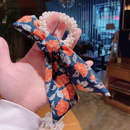 Floral Bow Hair Ribbon: Pearl Hair Tie Accessory