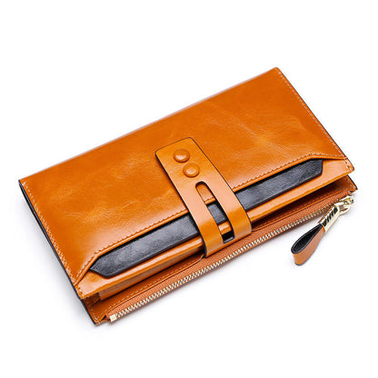 Manufacturers Wholesale Women'S Wallets Multi Card Buckle Long Oil Wax Leather Wallets European And American Retro Leather Handbags