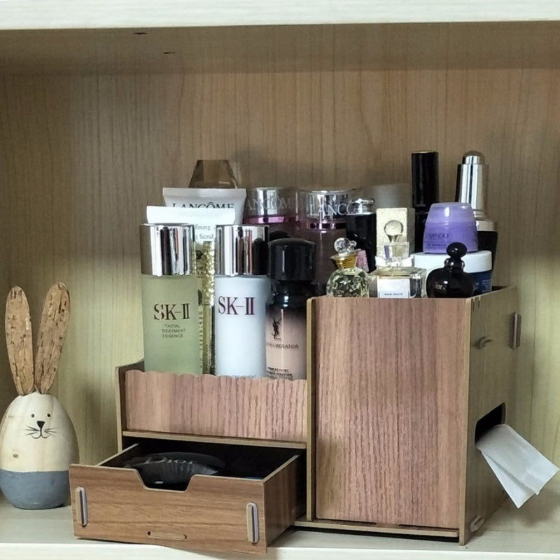 Wooden Cosmetic Storage Box Jewelry Drawer Organizer