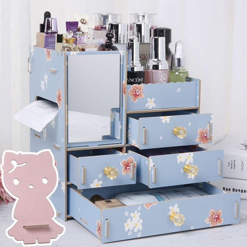 Wooden Cosmetic Storage Box Jewelry Drawer Organizer
