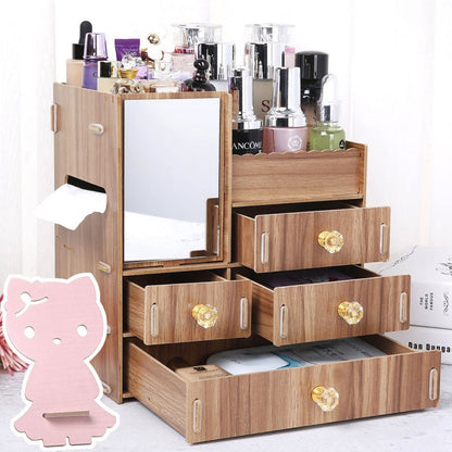 Wooden Cosmetic Storage Box Jewelry Drawer Organizer