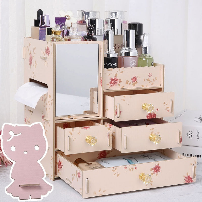 Wooden Cosmetic Storage Box Jewelry Drawer Organizer