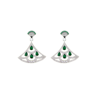 Green Zircon Fan Earrings with Gold Plating
