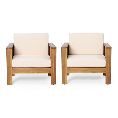 ( Set of 2) Outdoor Acacia Wood Club Chairs with Cushions, Teak+Beige, 27.75"D x 32"W x 27.75"H