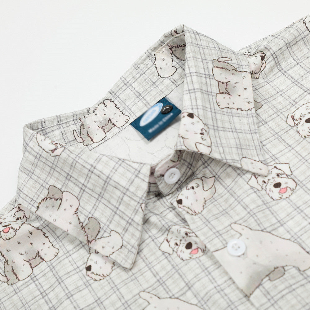 Digital Full Print Cartoon Dog Plaid Short Sleeve Shirt Loose Casual Turn-Down Collar Summer Shirt for Men
